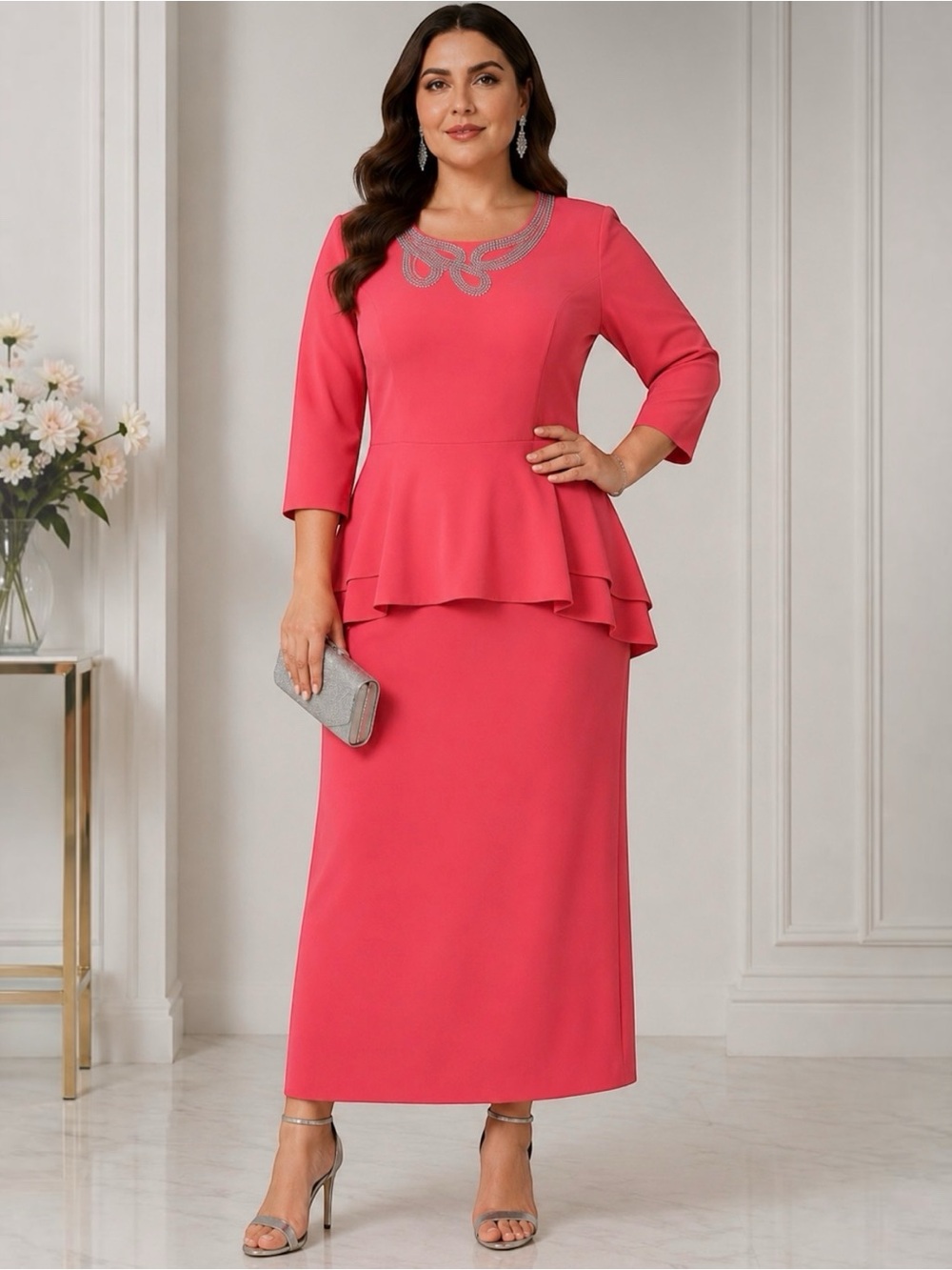 ASHRO Coral Beaded Peplum Top & Midi Skirt 2pc Formal Occasion Set Size 16